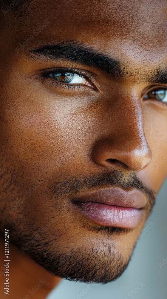 Obraz premium This close-up features a confident mixed race person, highlighting their striking blue eyes and strong facial structure.