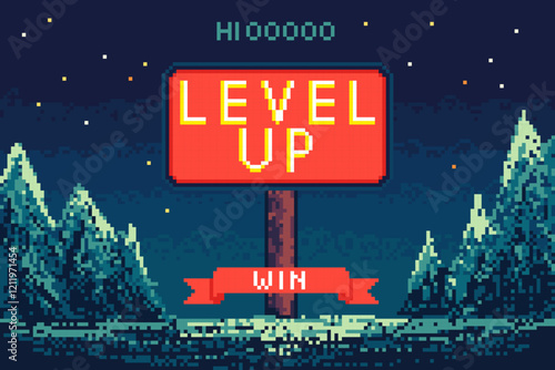 Cartoon Color Pixelated 8 Bit Level Up Screen Background Arcade Interface. Vector illustration of Pixel Art Next Level