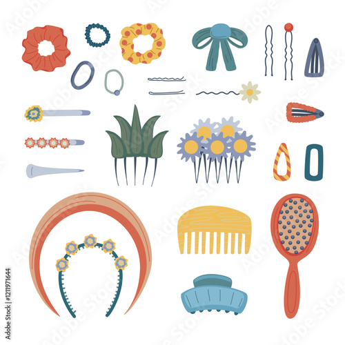 Cartoon Color Different Hair Accessories Object Set Concept Flat Design Style. Vector illustration of Barrette and Hairpins