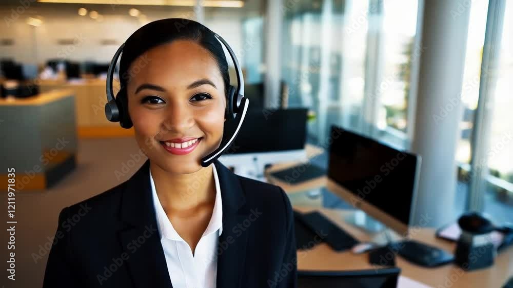Professional Woman in Business Attire Assists Customers in a Modern Office Environment With a Headset Professional Woman in Business Attire Assists Customers in a Modern Office Environment With a Headset