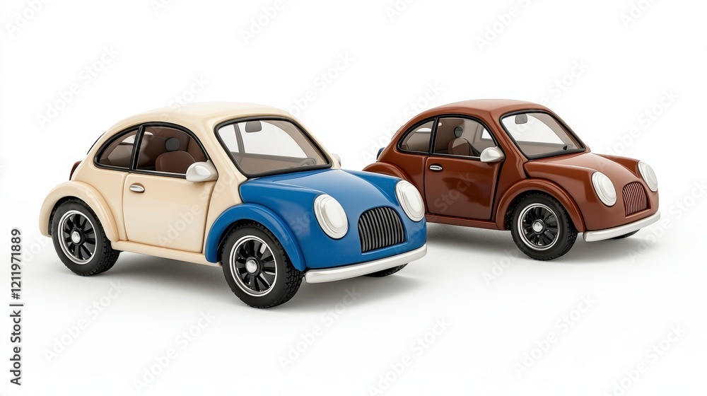 Two charming miniature cars in blue and brown colors showcasing vintage design against a simple white background Two charming miniature cars in blue and brown colors showcasing vintage design against a simple white background