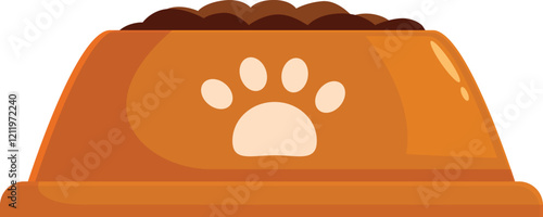 Orange plastic dog bowl full of dry food, decorated with a white paw print, isolated on white background