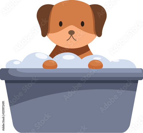 Adorable brown puppy having a bath in a gray plastic tub filled with soap suds