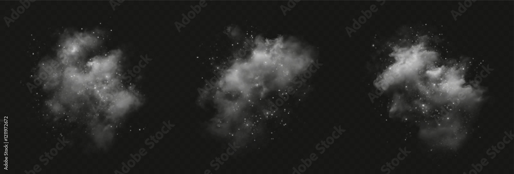 fantastic white smoke effect. It is magical smoke with glitter and small particles of twinkling stars, fog with glowing particles, blue vapor with stardust on a black background