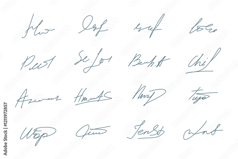Fake Signature or Autograph Thin Line Hand Drawn Style Set. Vector illustration of Handwriting Scribble by Pen Fake Signature or Autograph Thin Line Hand Drawn Style Set. Vector illustration of Handwriting Scribble by Pen