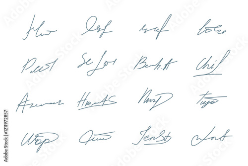 Fake Signature or Autograph Thin Line Hand Drawn Style Set. Vector illustration of Handwriting Scribble by Pen