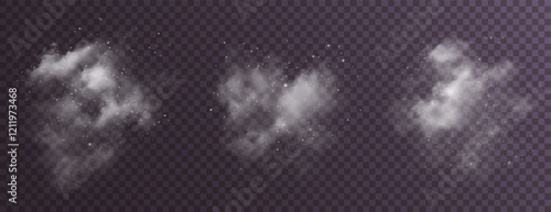 fantastic white smoke effect. It is magical smoke with glitter and small particles of twinkling stars, fog with glowing particles, blue vapor with stardust on a black background