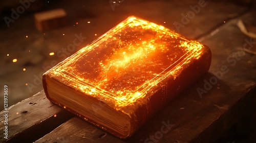 Glowing ancient book on wooden surface, magical sparks, dark background; fantasy, game, cover