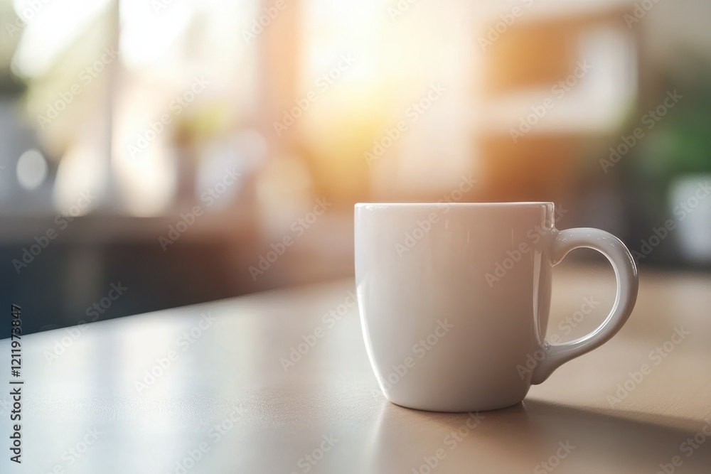 Fototapeta premium Warm Lighting Details of a Coffee Mug on a Desk, Creating a Cozy Atmosphere for Client Support and Services in a Casual Setting
