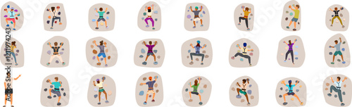 Kids climbing wall icons set. Climbers are practicing their climbing skills on a climbing wall, with an instructor providing guidance and instructions