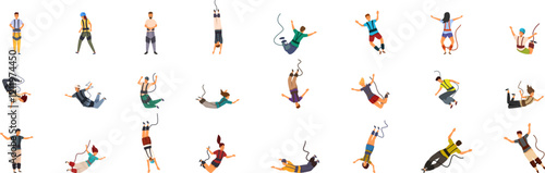 Jumping down bungee cord icons set. People jumping from high places with bungee ropes attached to their bodies, enjoying extreme sports and recreation activities