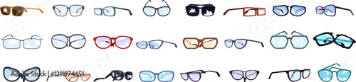 Broken glasses icons set. Different eyeglasses reflecting cloudy sky, showcasing various styles and designs