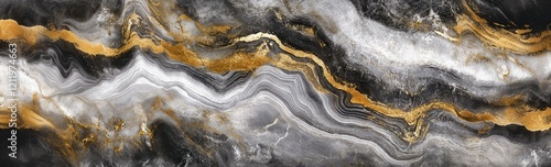 Obraz  z motywem abstract design, marble or agate stone pattern, mix of black white grey and gold colors, intricate wavy lines and swirls, sense of depth and movement. background for website, digital art print, decor.