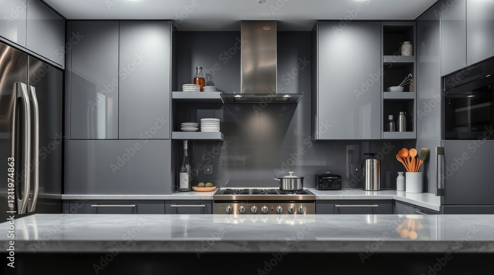 Sleek Modern Kitchen: Gray Cabinets, Marble Island, Stainless Steel Appliances Sleek Modern Kitchen: Gray Cabinets, Marble Island, Stainless Steel Appliances