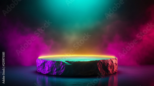 A vibrant illuminated stage on a foggy backdrop, perfect for showcasing products or art in a modern and eye-catching style. photo