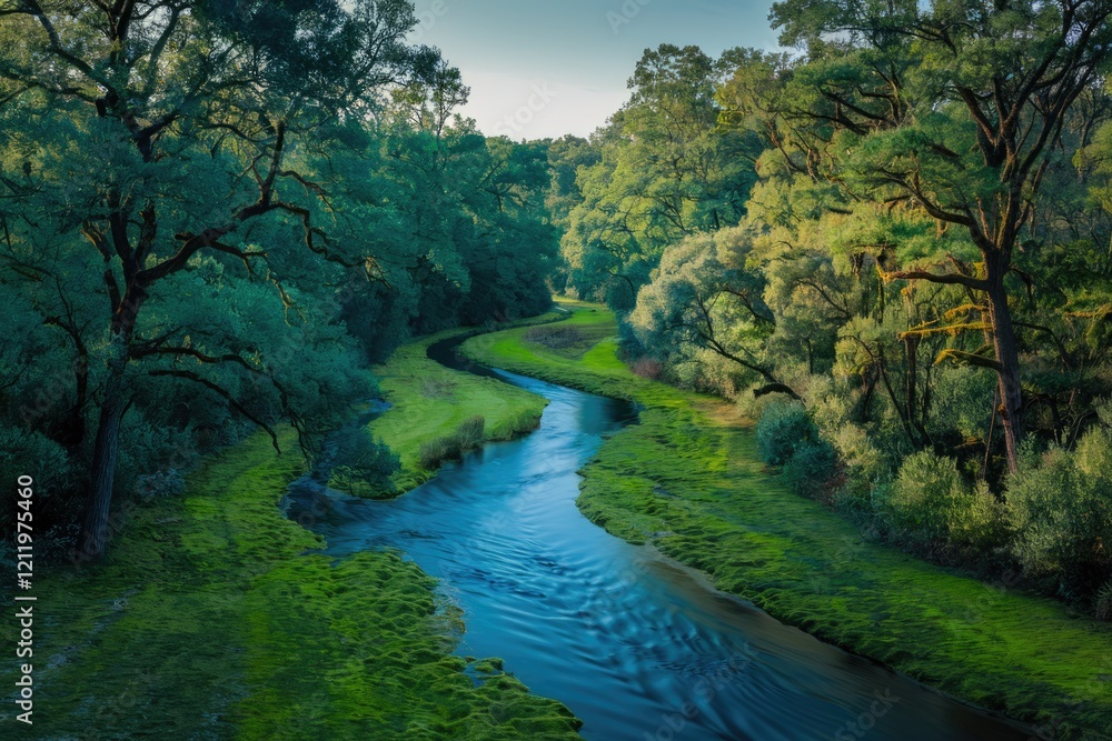 Serene river meandering through lush green forest, sunlight filtering through canopy. Serene river meandering through lush green forest, sunlight filtering through canopy.