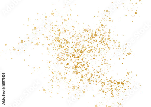 Gold shimmering glitter particles, scatter of sparkling confetti. Festive golden splatter decor isolated on transparent background