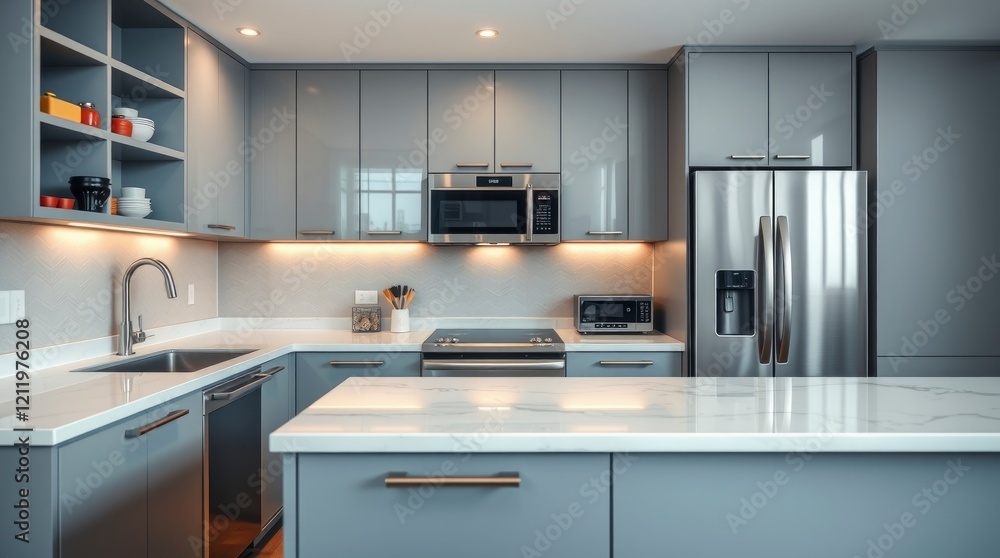 Modern Gray Kitchen: Sleek Appliances and Marble Island Modern Gray Kitchen: Sleek Appliances and Marble Island