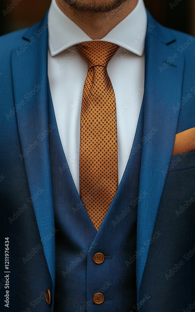 A well-dressed man showcases an elegant blue suit paired with a polka-dotted tie and a matching pocket square at an indoor setting during a formal gathering A well-dressed man showcases an elegant blue suit paired with a polka-dotted tie and a matching pocket square at an indoor setting during a formal gathering