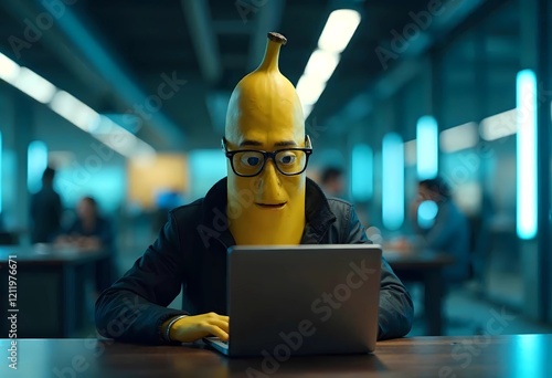 Banana Character Engaging With Technology in a Modern Workspace Environment