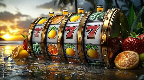 Vibrant Slot Machine with Fruits and Sunset at Tropical Beach photo