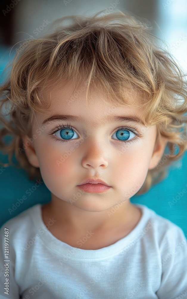 A young child with soft, curly hair and bright blue eyes gazes curiously at the camera. Natural light softly illuminates the indoor space, highlighting the child's features A young child with soft, curly hair and bright blue eyes gazes curiously at the camera. Natural light softly illuminates the indoor space, highlighting the child's features