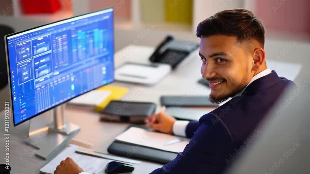 Young Professional Smiles While Working on Computer at Modern Office, Creating Data Visualizations and Analyzing Trends Young Professional Smiles While Working on Computer at Modern Office, Creating Data Visualizations and Analyzing Trends