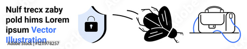 Shield with lock symbol, flying bug indicating attack or virus, and suitcase with tooltip. Ideal for cybersecurity, data protection, antivirus, business security, online safety, malware prevention