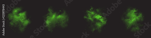 fantastic smoky background with glowing green vapor, twinkling stars, and shimmering particles. Enchanting magic mist with stardust and glitter, creating a mystical and dreamy atmosphere. Vector illus