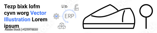 Various object icons including gear, truck, cargo, ERP symbol, and sports shoe. Light blue and black colors. Ideal for ERP systems, logistics, automation, footwear, e-commerce, technology