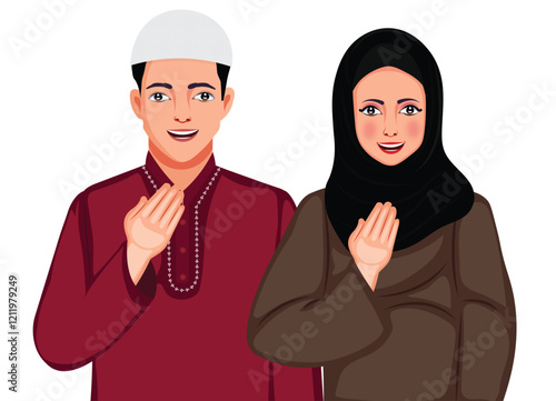 Muslim Couple Aadab Pose Character Png Vector Illustration