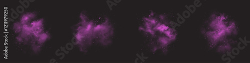 mystical purple cloud with sparkles, featuring fairy stardust and glowing flares. Enchanting shiny fog for magical spells, cosmic dust swirling on a dark background.