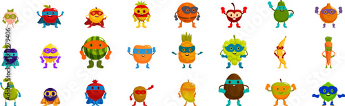 Superhero fruit icons set. Funny and colorful cartoon superhero fruits and vegetables posing confidently, promoting healthy eating habits for kids