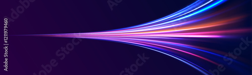 Light trail wave, fire path trace line, car lights, optic fiber and incandescence curve twirl. Big data traffic visualization, dynamic high speed, png, effect. Vector glowing lines air flow effect. 