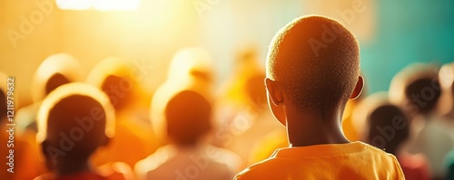 African children in classroom with warm sunlight and blurred background