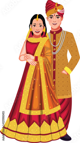 Indian Wedding Couple Bride and Groom Vector Illustration