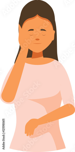 Young woman suffering from toothache touching her cheek feeling pain, dental care concept
