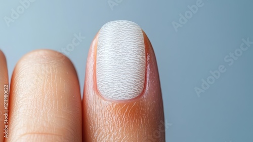 Close-up of textured white nail polish on fingernail macro photo