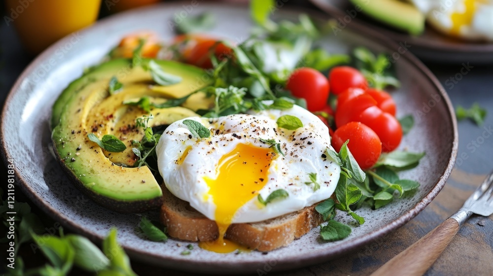 Fresh Breakfast Plate with Poached Egg, Avocado, and Cherry Tomatoes Fresh Breakfast Plate with Poached Egg, Avocado, and Cherry Tomatoes
