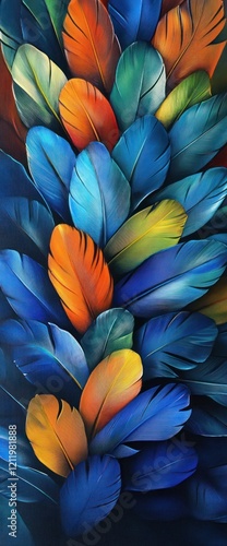 Wallpaper Mural Colorful feathers closeup, vibrant hues, dark background, digital art, phone wallpaper Torontodigital.ca