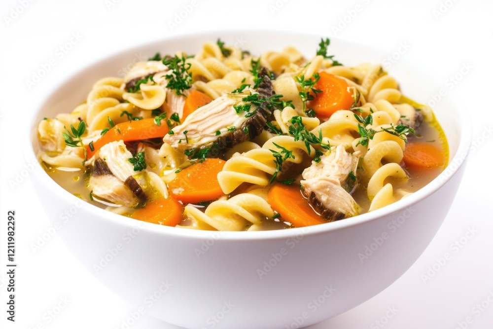 Warm bowl of chicken noodle soup with carrots and parsley, perfect for a comforting meal Warm bowl of chicken noodle soup with carrots and parsley, perfect for a comforting meal
