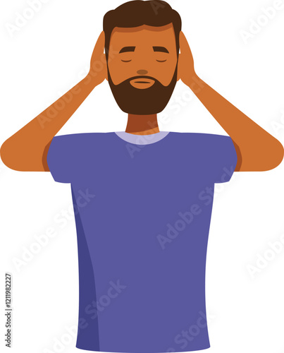 Stressed man covering his ears with his hands, ignoring loud noise, stress and anxiety concept