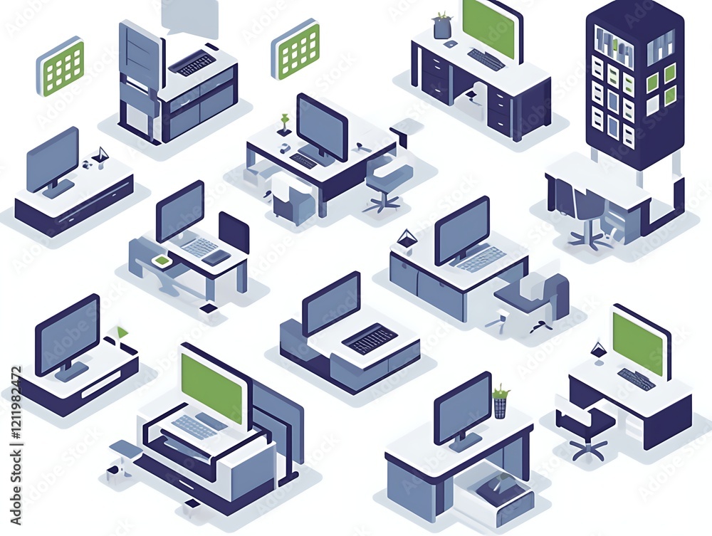 Isometric illustration of various office desks and workstations. Isometric illustration of various office desks and workstations.