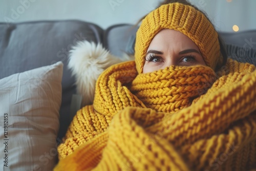 Woman bundled in yellow blanket on couch, feeling cold. Neural network AI generated photo