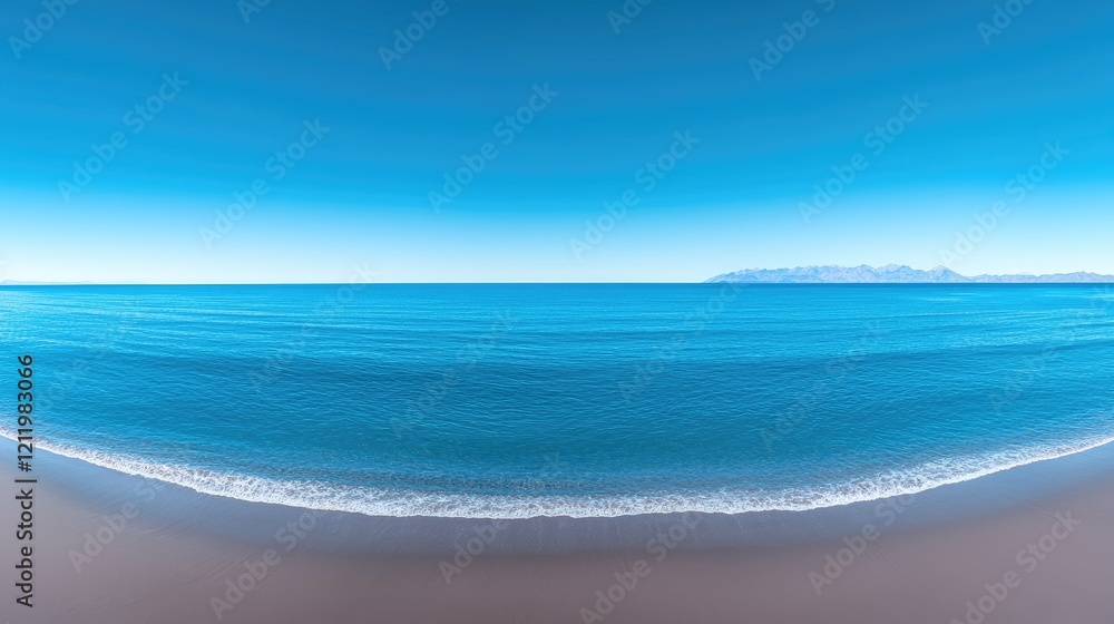 Fototapeta premium Serene beach, azure ocean, distant mountains, calm waves; perfect for travel brochures