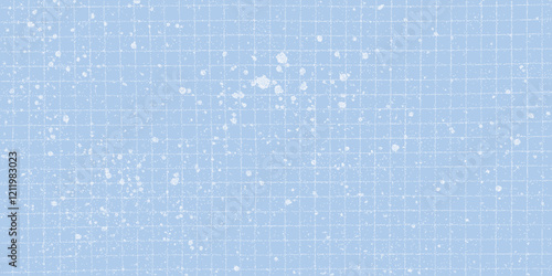 Grunge checkered blue paper with scattered ink white drips. Dotted halftone texture and paint splashes, noisy artistic composition.