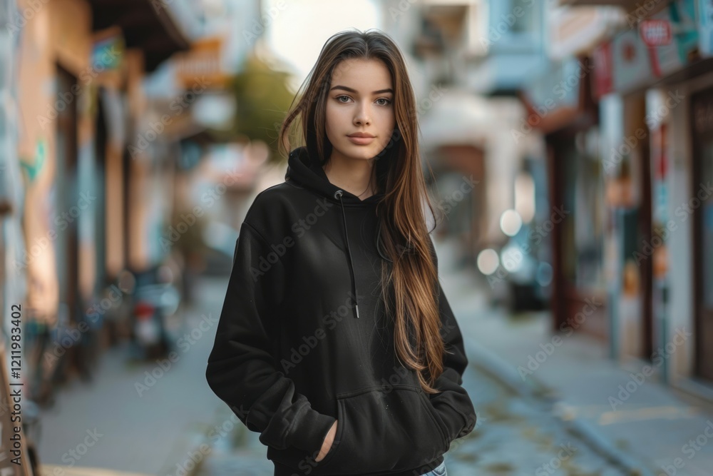 Fototapeta premium Young woman in black hoodie on bustling city street. Neural network AI generated
