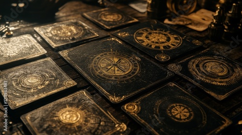 Cards designed as mechanical gears, turning in sync on a steampunk table.  photo