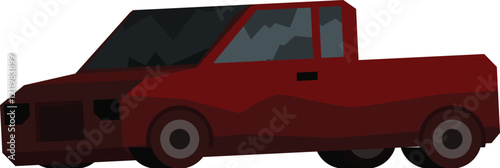 Red pickup truck moving forward, viewed from the side, isolated on white background
