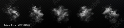 fantastic white smoke effect. It is magical smoke with glitter and small particles of twinkling stars, fog with glowing particles, blue vapor with stardust on a black background